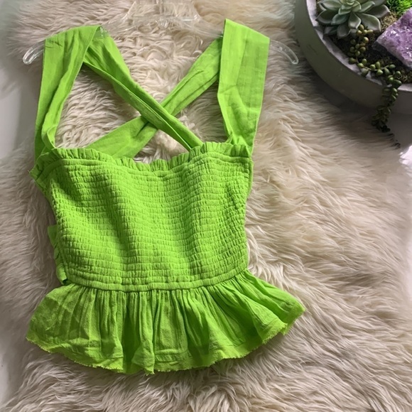 Free people Y2K neon now green Rouched open tie back  Ruffle hem crop top - Picture 6 of 8